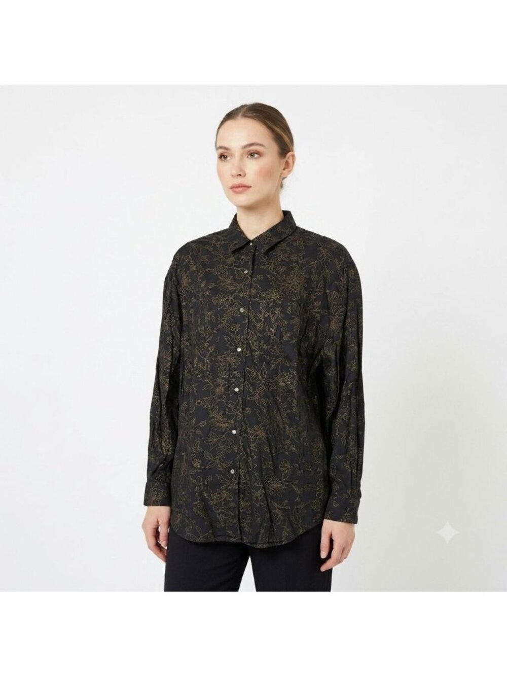 Vintage 90s Button Front Shirt Women Size L Black Gold Floral Long Sleeve NEW